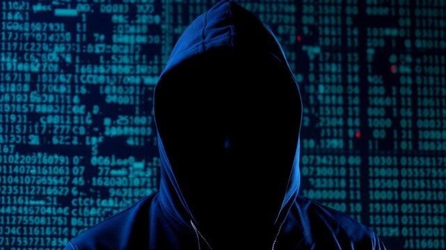 A mysterious figure in a dark hoodie with their face concealed, standing in front of a glowing matrix-style code background, symbolizing cybersecurity and hacking,
