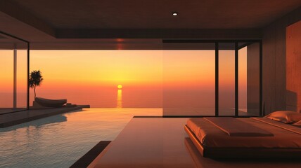 A serene bedroom with a stunning sunset view, featuring a pool and minimalist design, creates a relaxing and luxurious atmosphere.