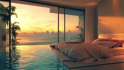 A serene bedroom with a stunning ocean view, featuring a cozy bed and a tranquil infinity pool, illuminated by a beautiful sunset.