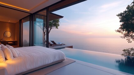 A serene bedroom with an ocean view, featuring a luxurious bed and an infinity pool, bathed in soft light during sunset.