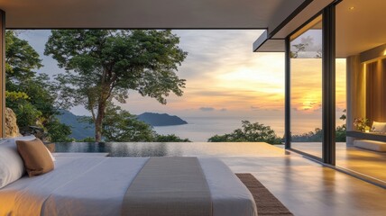 A serene bedroom with a stunning view of a sunset over the ocean, surrounded by greenery and large glass windows.