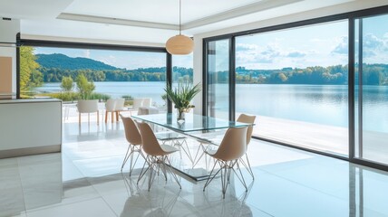 A modern dining area with a glass table, surrounded by chairs, featuring large windows that open to a scenic water view and lush greenery.