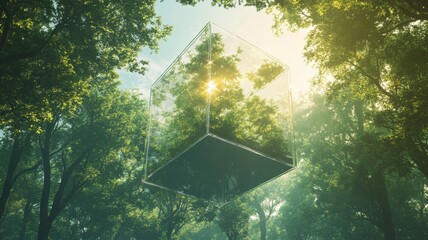 A transparent cube hovers among lush trees, illuminated by sunlight, creating a surreal blend of nature and geometric abstraction.