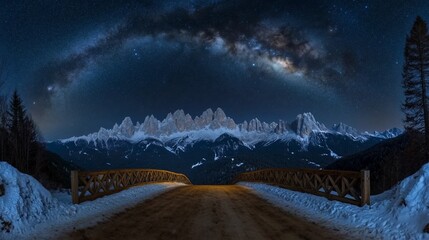 A serene night scene featuring a snowy path leading to mountains under a starry sky.
