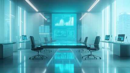A sleek, modern conference room with futuristic lighting, digital displays, and high-tech equipment, designed for collaborative meetings and presentations.