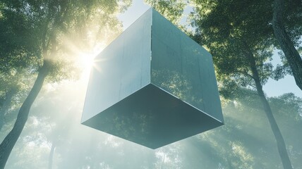 A reflective cube hovers in a misty forest, illuminated by sunlight filtering through the trees, creating an ethereal and tranquil atmosphere.