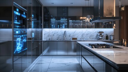 A sleek, modern kitchen features glass accents, marble countertops, and high-tech appliances, illuminated with soft ambient lighting.