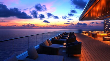 A serene oceanfront view at sunset featuring stylish seating and a luxurious atmosphere.