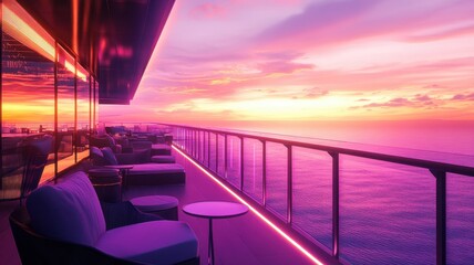 A serene balcony overlooking a vibrant sunset, with modern furniture and soft lighting, creating a tranquil atmosphere by the ocean.