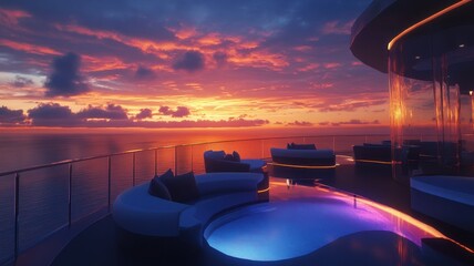 A stunning sunset view from a luxurious balcony, featuring a pool and modern seating, illuminated by vibrant colors over the ocean.
