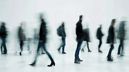 Blurred silhouettes of diverse people walking in motion