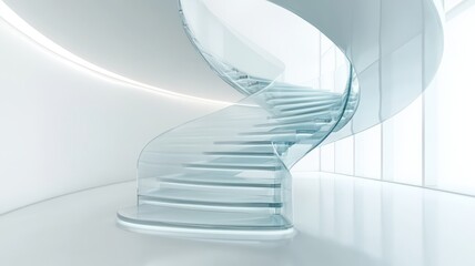 A sleek, modern spiral staircase with glass steps, set in a minimalist, bright environment.