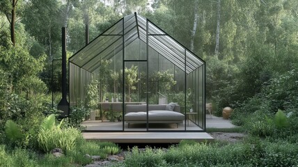 A modern glass greenhouse nestled in a lush forest, surrounded by greenery and natural light, creating a serene space for relaxation and gardening.