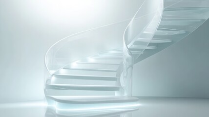 A sleek, modern spiral staircase illuminated by soft light, creating an airy and ethereal atmosphere in a minimalist space.
