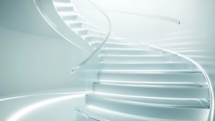 A modern, spiral staircase illuminated in a bright, minimalist environment, showcasing sleek design and elegance.