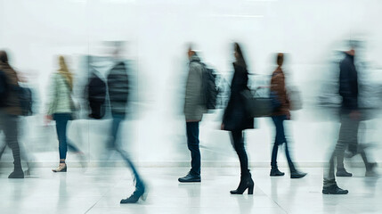 Obraz premium Blurry crowd movement in urban setting with diverse adult pedestrians