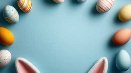 Whimsical top view of Easter bunny ears and pastel eggs surrounding an empty center, perfect for creating a greeting or invitation on a pastel background