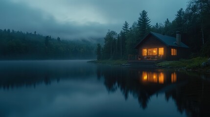 Fototapeta premium A serene lakeside cabin glows warmly at dusk, surrounded by misty trees and calm waters, creating a tranquil, atmospheric scene.