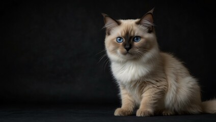 Baby Birman cat standing with copy space on the right, isolated on black.