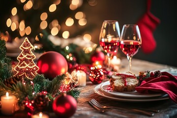 A group of friends celebrating Christmas dinner, laughing and smiling, surrounded by decorations like lights, wreaths, and stockings, in a soft lighting commercial shot.