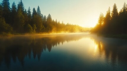 Obraz premium A serene river at sunrise, surrounded by mist and tall trees, creating a peaceful and picturesque natural landscape.