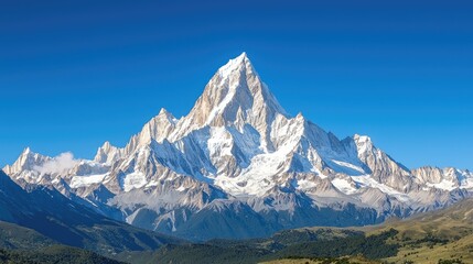 Majestic Snow-Capped Mountain Peaks Under a Clear Blue Sky with Lush Green Valleys and Dramatic Rocky Terrain in the Background, Perfect for Nature and Adventure Themes