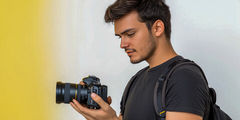 Young hispanic male photographer examining camera equipment