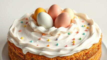 Delicious Easter cake topped with pastel eggs and colorful sprinkles for a festive indulgence