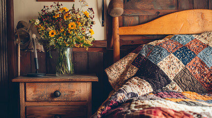 Cozy bedroom featuring a patchwork quilt and a wooden nightstand adorned with flowers for a warm, inviting atmosphere