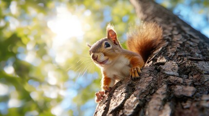 Fototapeta premium Playful squirrel perched on tree trunk basking in sunlight with blurred natural background showcasing vivid green foliage and warm bokeh highlights