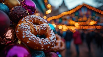 A beautifully composed image featuring a giant pretzel surrounded by vibrant ornaments, capturing the festive spirit and joy of the holiday season in a colorful setting.