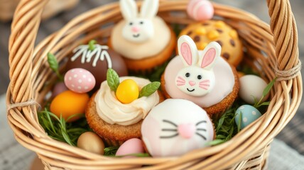 Colorful Easter basket filled with decorated cupcakes, chocolate eggs, and sweets in a festive arrangement