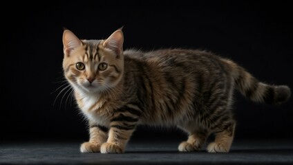 Baby Manx cat standing, isolated on black background.