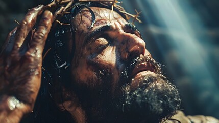 Jesus’ hand placed on the swollen, pained face of a man, close-up shot capturing the man’s expression changing from agony to peaceful relief, soft beams of light illuminating their faces, hd quality,