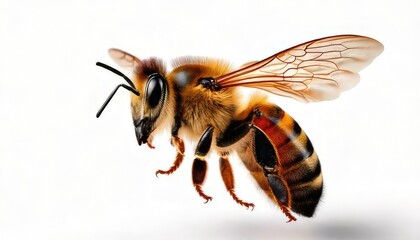 Close-up View of a Honeybee in Flight on a White Background, Capturing the Intricate Details of Its Body, Wings, and Eyes