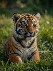 Obraz premium Baby tiger resting on green grass, ideal for children's books.