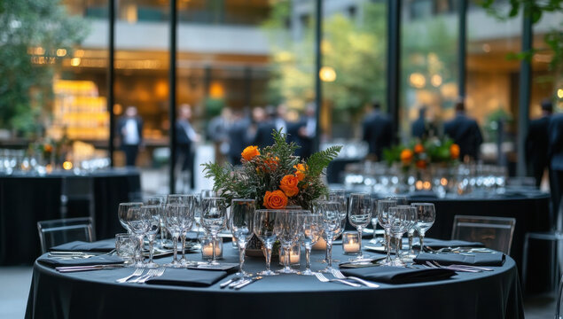 Elegant corporate event venue with sophisticated table settings and ambient lighting, highlighting a professional and upscale atmosphere.
