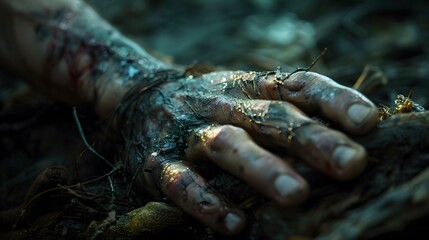 Jesus' hand resting on a swollen, discolored limb, His face calm and serene, light radiating softly around His hand, intimate and close view, detailed textures, expressive emotions, cinematic style,