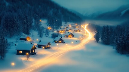 A serene winter landscape featuring cozy cabins illuminated by warm lights, nestled in a snowy valley under a twilight sky.