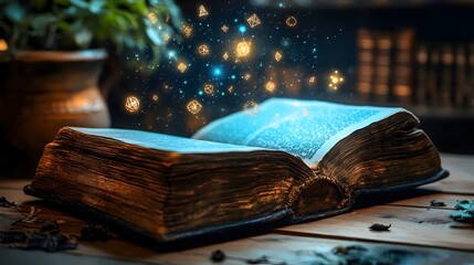 A book is open to a page with a glowing light on it