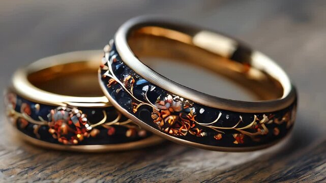 Two elegant wedding rings adorned with black stones, placed on a smooth surface. Perfect for showcasing jewelry or luxury products.