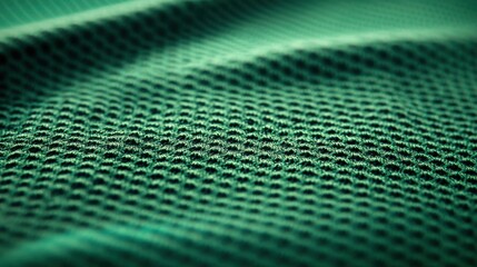 A close-up of a textured green fabric with a woven mesh design. The intricate pattern creates a dynamic surface, showcasing the fabric's soft, breathable quality and modern appeal.