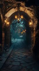Fototapeta premium Enchanted underworld tunnel with ethereal light inside stone cave photos