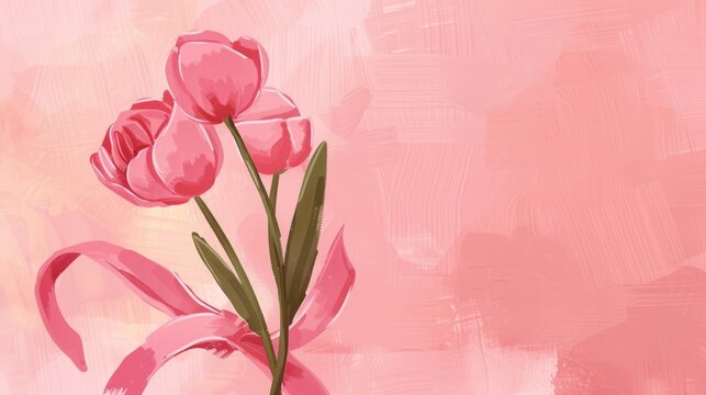 watercolor illustration, vintage postcard, World Cancer Day, tulips tied with pink ribbon, pink background, copy space, free space for text - Powered by Adobe
