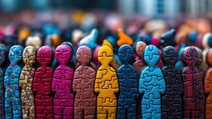 Naklejka premium A vibrant collection of puzzle piece figurines creates a striking visual representation of unity and diversity, showcasing various colors and textures in the art piece.