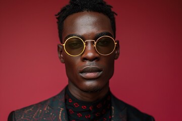 Fototapeta premium Fashion-forward portrait, man wearing round yellow sunglasses, deep red background, artistic patterned suit, bold and confident look, trendy and modern fashion accessory, sleek style