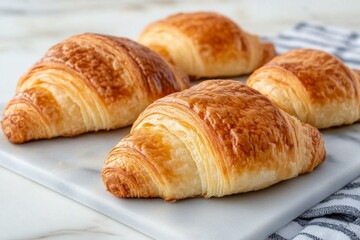 Freshly baked croissants sitting on a wooden board alongside a cup of coffee at a cozy cafe
