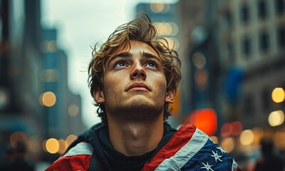 A young man wrapped in an American flag gazes upward, reflecting contemplation and patriotism. - Powered by Adobe