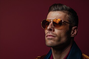 Obraz premium Stylish portrait, man wearing amber aviator sunglasses, warm red background, confident expression, modern and bold look, trendy fashion accessory, sophisticated and timeless style