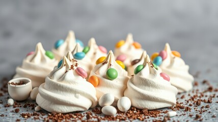 Delicious meringue cookies topped with colorful candies on a textured surface